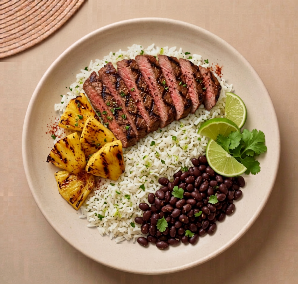 Rio - grilled grass-fed steak with cilantro-lime rice, charred pineapple, and black beans