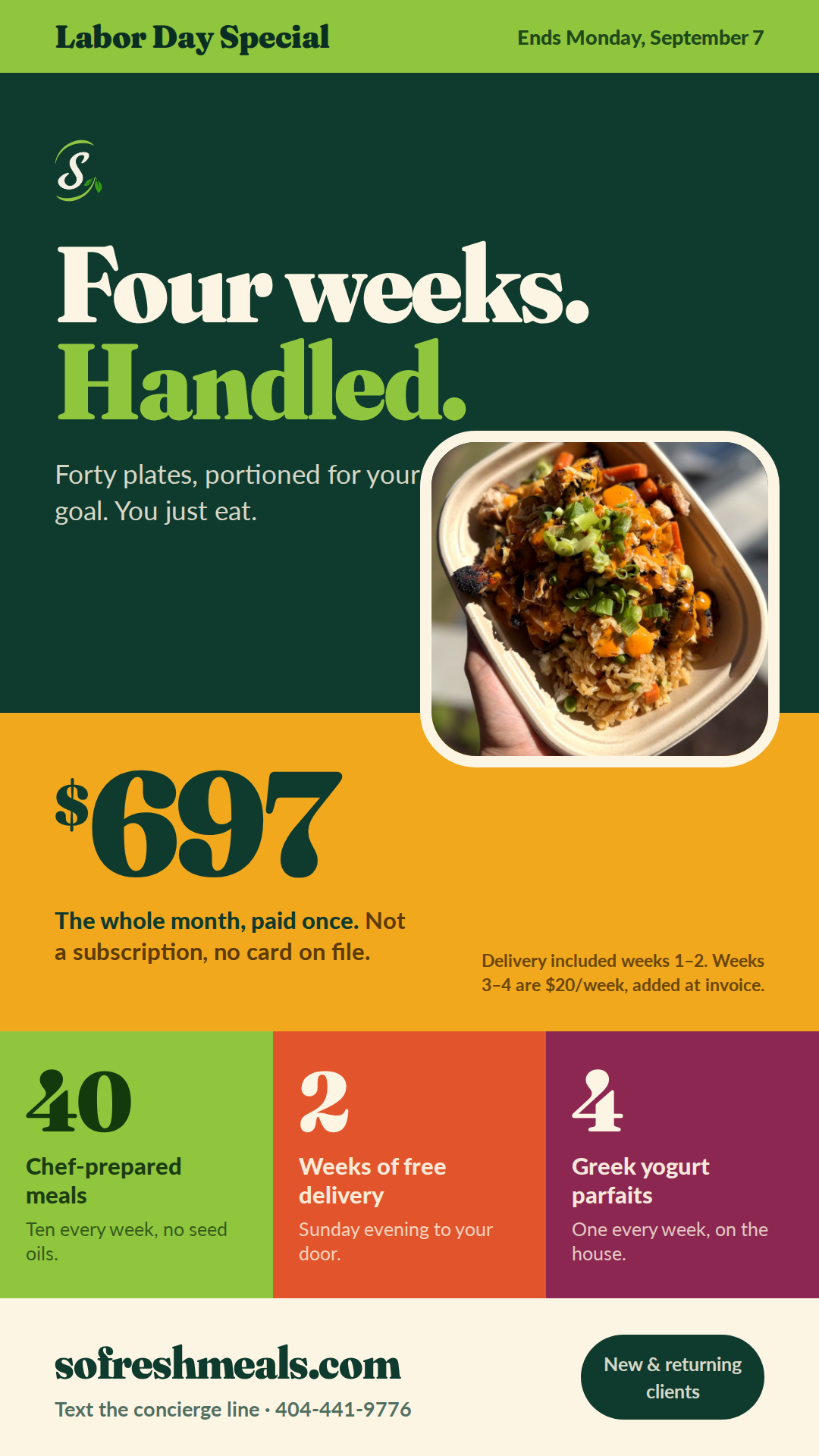 Labor Day Special — Four Weeks, Handled (40 Meals · Fat Loss Portions)