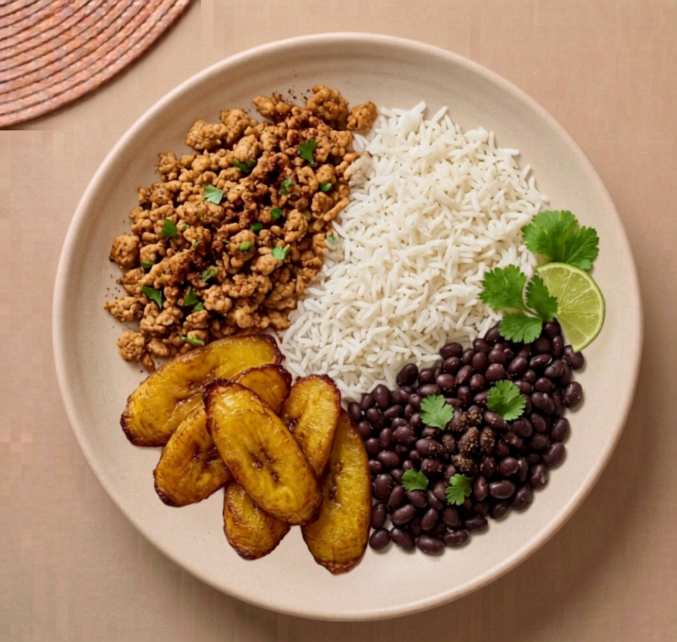 Venezuela - seasoned ground turkey, jasmine rice, black beans, and sweet plantains