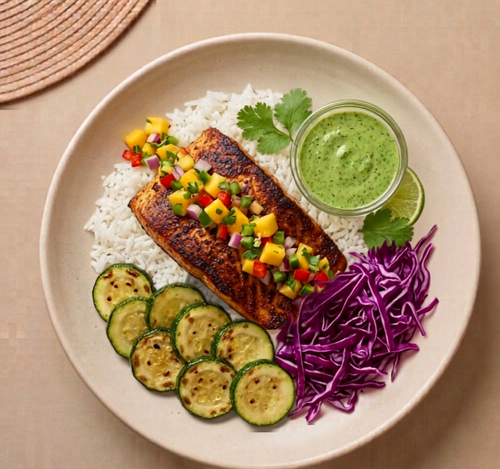 Baja Blaze Salmon Bowl - garlic-lime chipotle salmon over rice with zucchini, purple cabbage, and mango pico