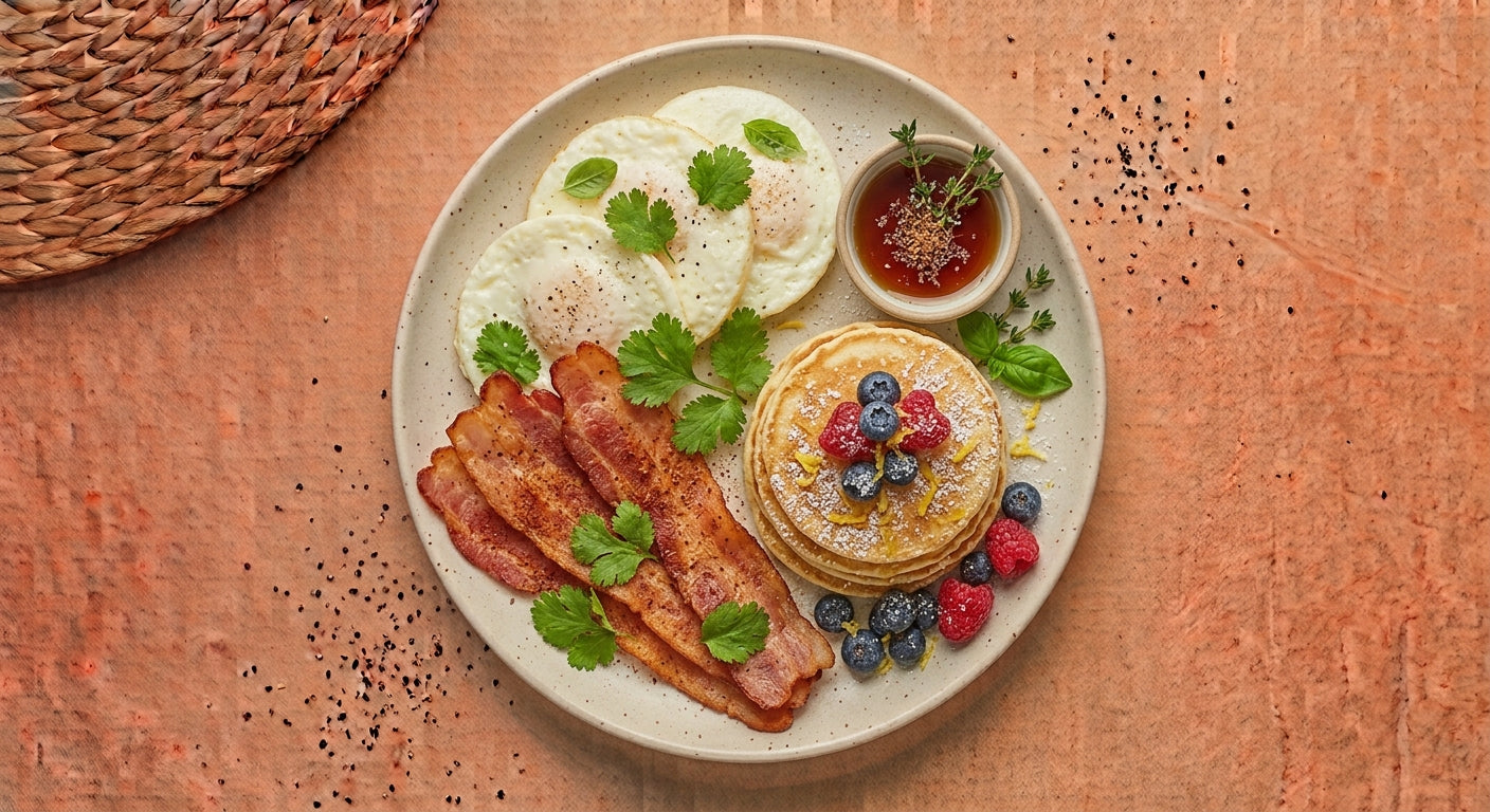 All American — egg whites with crisp turkey bacon and a stack of mini buttermilk pancakes with fresh berries and a side cup of syrup