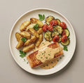 Amalfi — seared coho salmon in creamy Cajun Alfredo sauce with roasted golden potatoes, sautéed zucchini, and blistered grape tomatoes