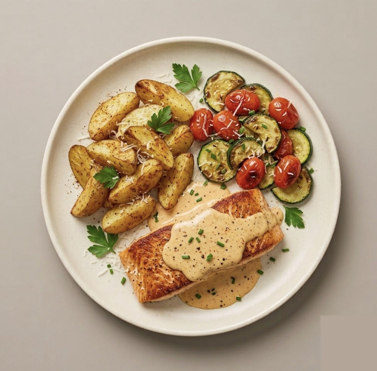 Amalfi — seared coho salmon in creamy Cajun Alfredo with golden potatoes, zucchini, and grape tomatoes on a cream plate