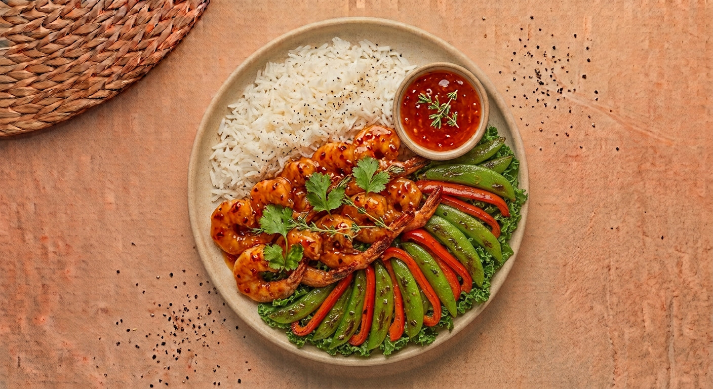 Bangkok — Gulf shrimp in sweet chili garlic glaze with snap peas, red bell pepper and cilantro over jasmine rice, with a side cup of sweet chili sauce