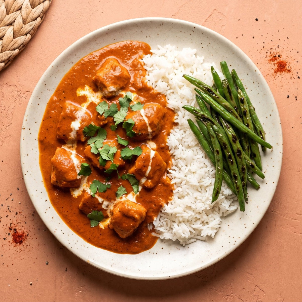 Bombay — halal chicken breast in a creamy tomato butter masala with cilantro, served with jasmine rice and charred green beans