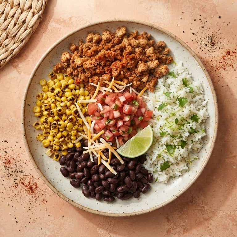 Burrito Bowl (Turkey) — seasoned ground turkey with cilantro-lime rice, black beans, charred corn, pico de gallo and shredded cheese