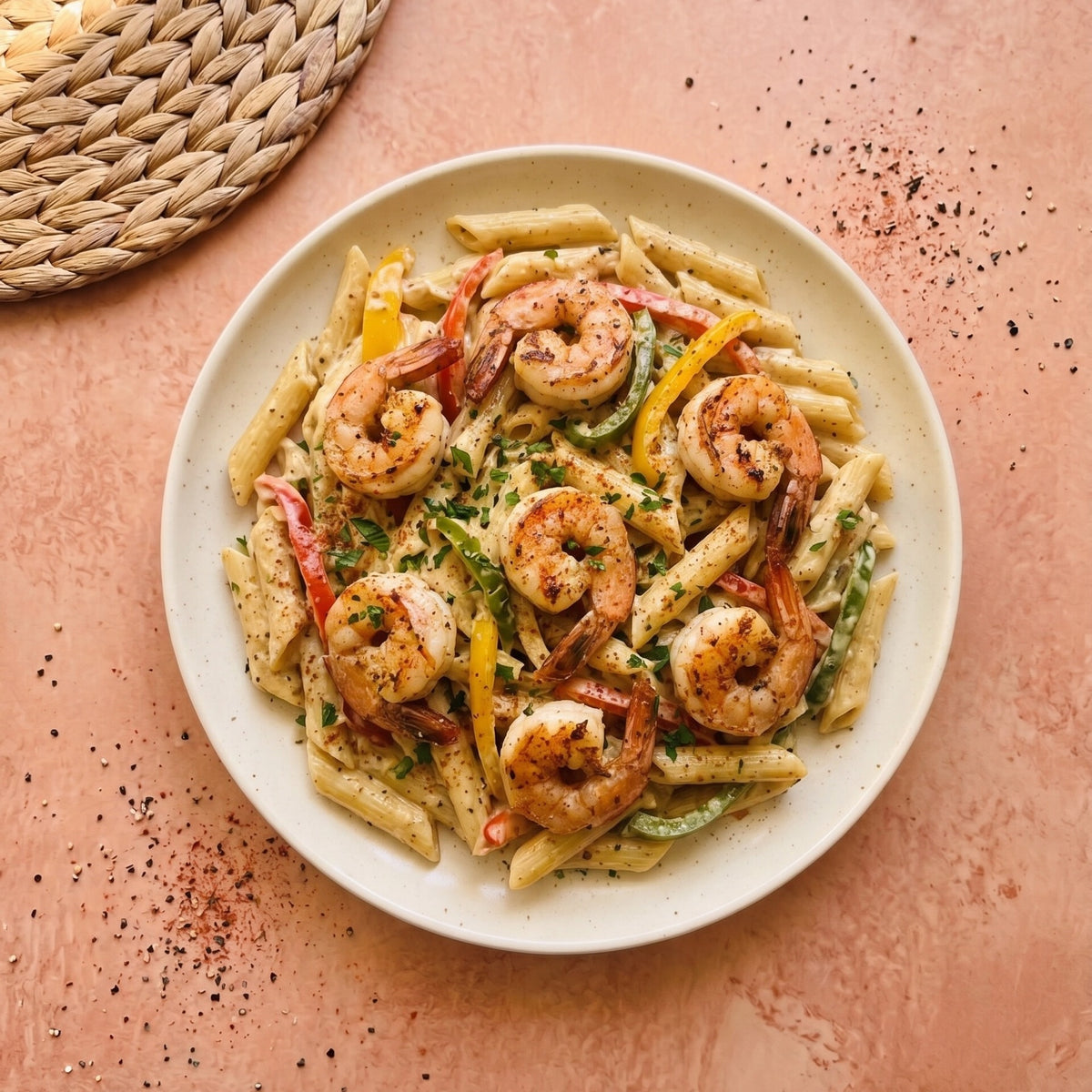 Cajun Shrimp Alfredo — seared Gulf shrimp over penne in creamy Cajun Alfredo with red, yellow and green bell peppers