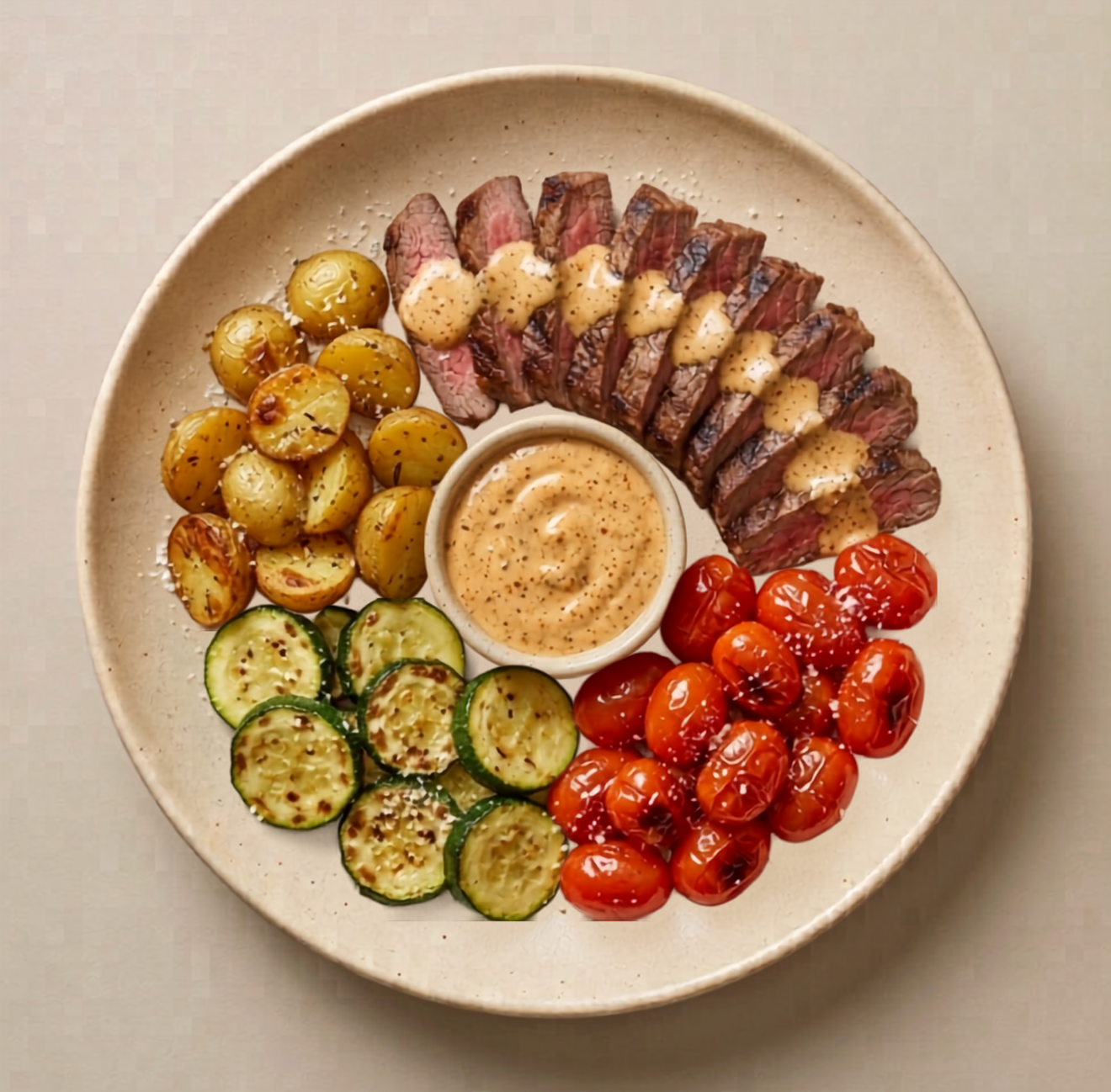 Capri — seared steak in creamy Cajun Alfredo with golden potatoes, zucchini, and grape tomatoes on a cream plate