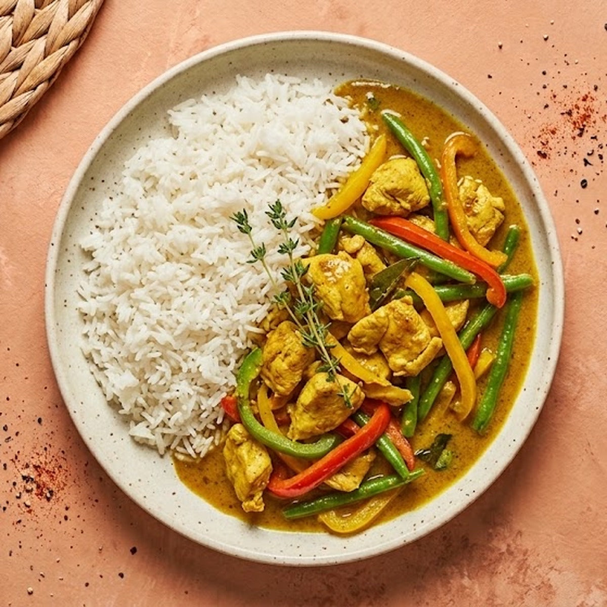Caribbean Curry Chicken — halal chicken breast in golden coconut curry with bell peppers and green beans, served with jasmine rice