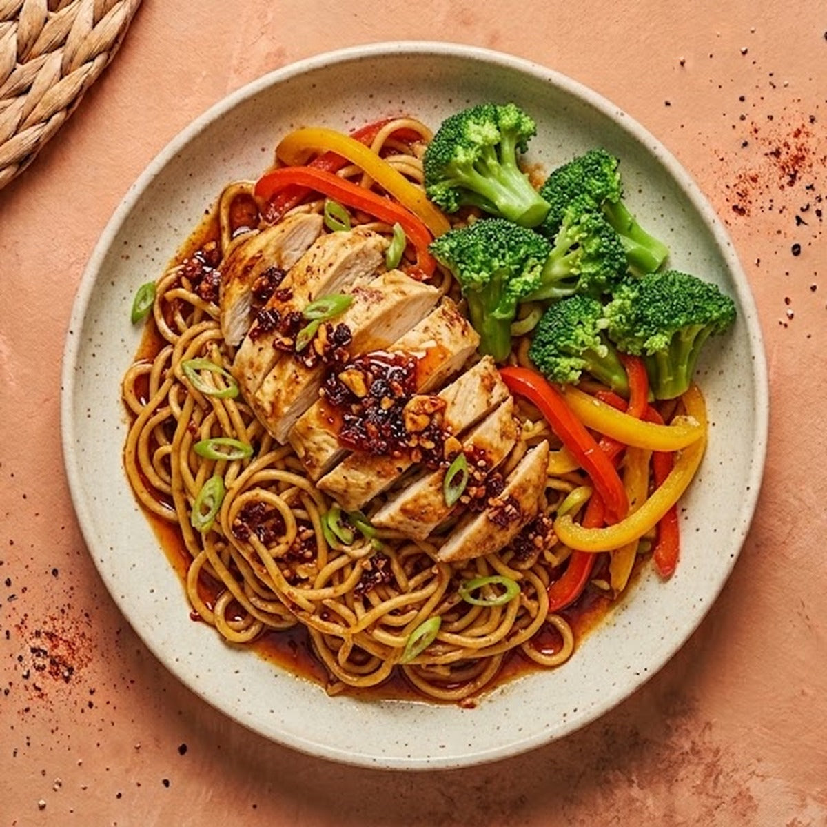 Chili Crisp Chicken Noodles — sliced halal chicken breast over chili crisp noodles with broccoli, bell peppers and scallion
