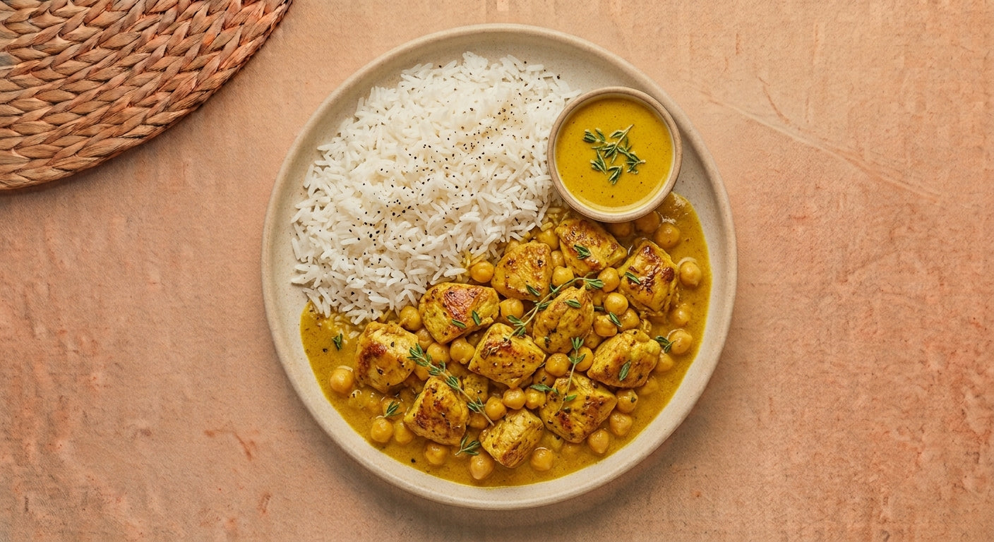 Curry Bowl — coconut curry halal chicken with chickpeas and fresh thyme over jasmine rice, with a side cup of turmeric curry sauce