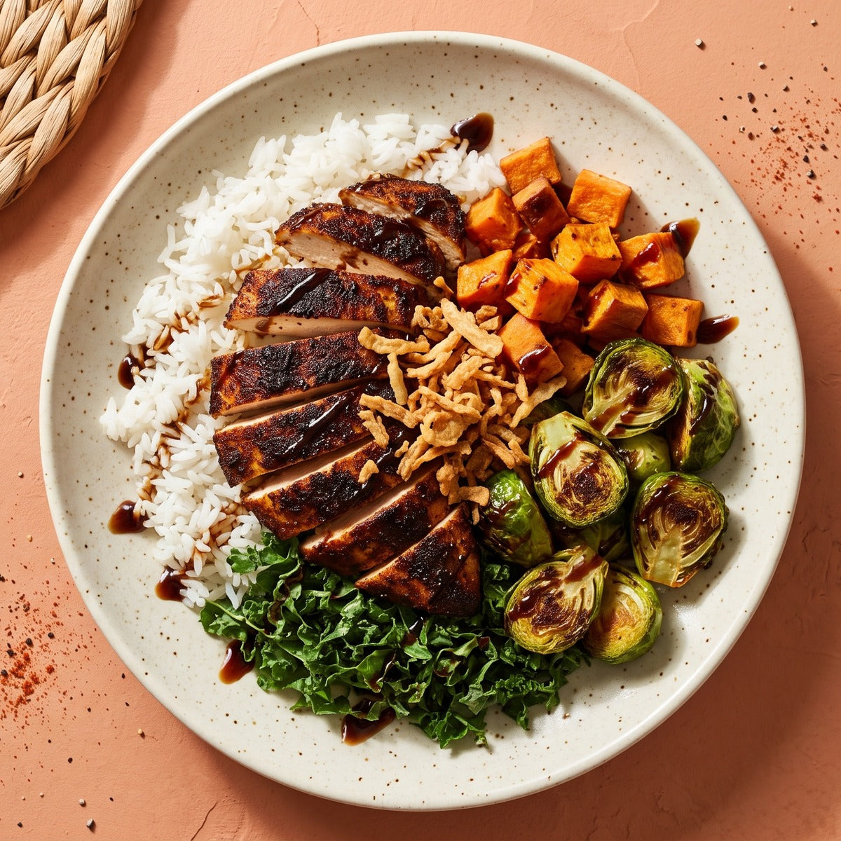 Harvest Bowl — blackened halal chicken breast over jasmine rice and shredded kale with roasted sweet potato, charred Brussels sprouts, crispy onions and maple balsamic