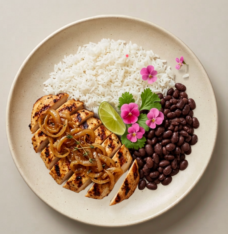 Havana — grilled chicken with caramelized onions, jasmine rice, and black beans on a cream plate