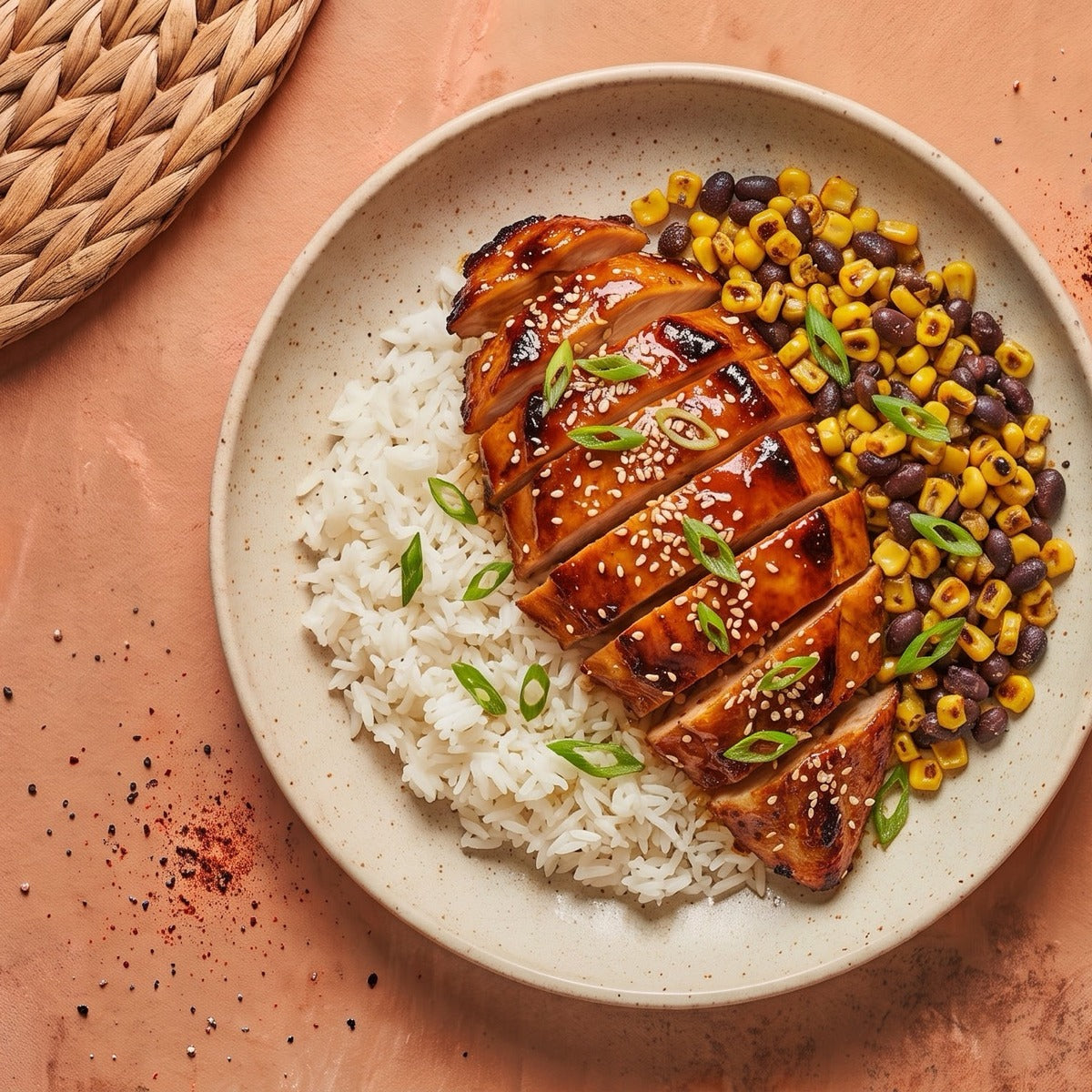 Honey Chipotle Chicken — chipotle honey glazed halal chicken breast over jasmine rice with blistered corn and black beans