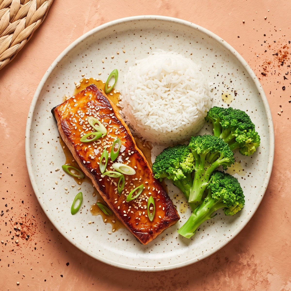 Honey Garlic Salmon — glazed wild-caught salmon with sesame seeds and scallion, jasmine rice and steamed broccoli