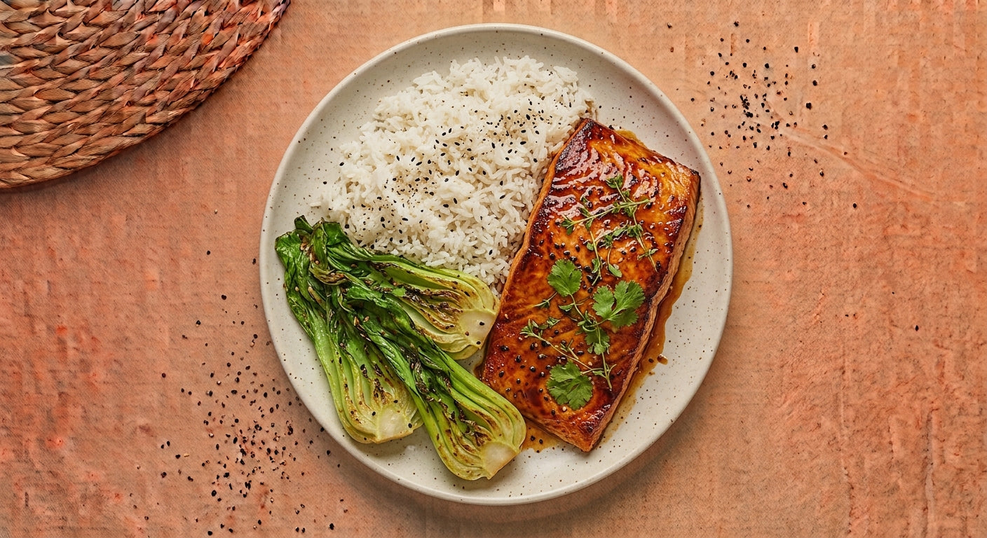 Kyoto — miso-glazed wild-caught salmon fillet with charred baby bok choy and jasmine rice finished with black sesame