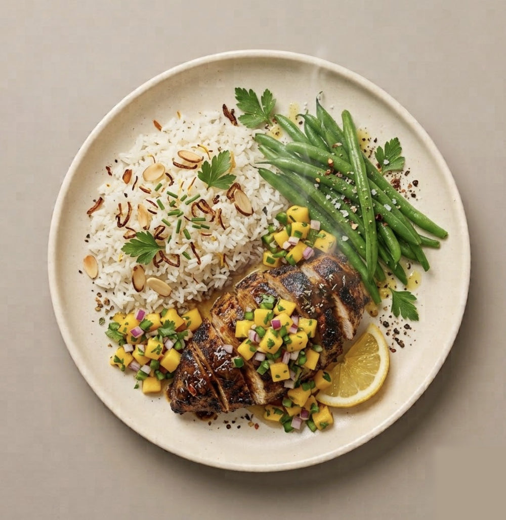 Marrakesh — jerk-spiced grilled chicken breast with jasmine rice, fresh green beans, and lemon