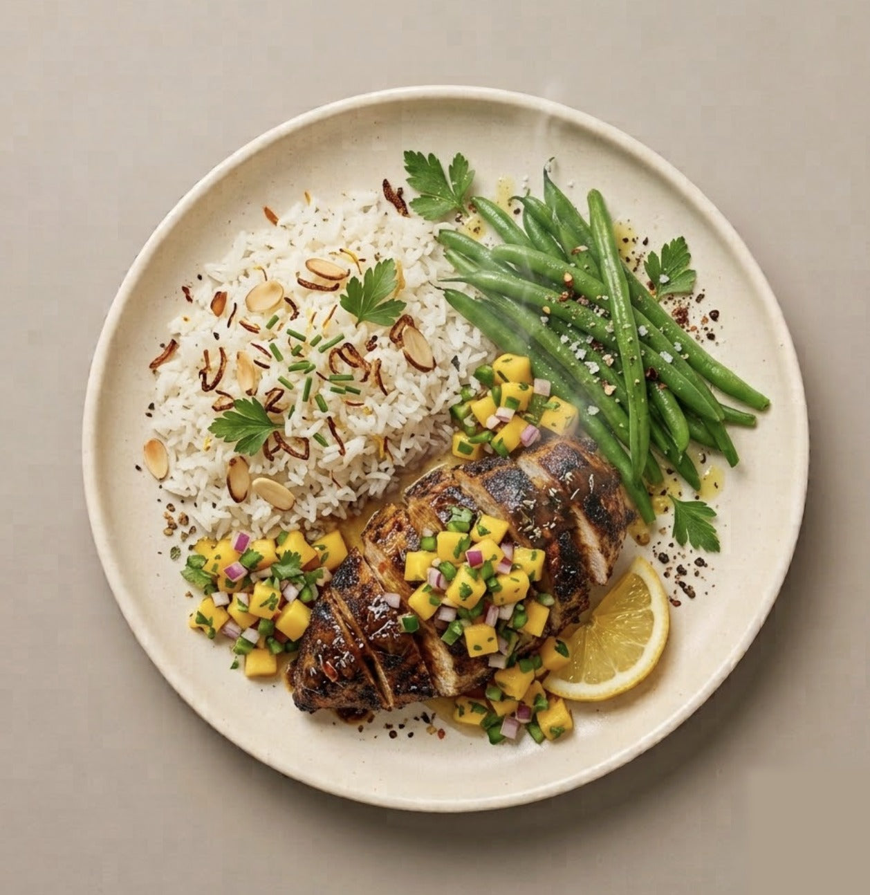Marrakesh — jerk-spiced grilled chicken breast with jasmine rice, fresh green beans, and lemon