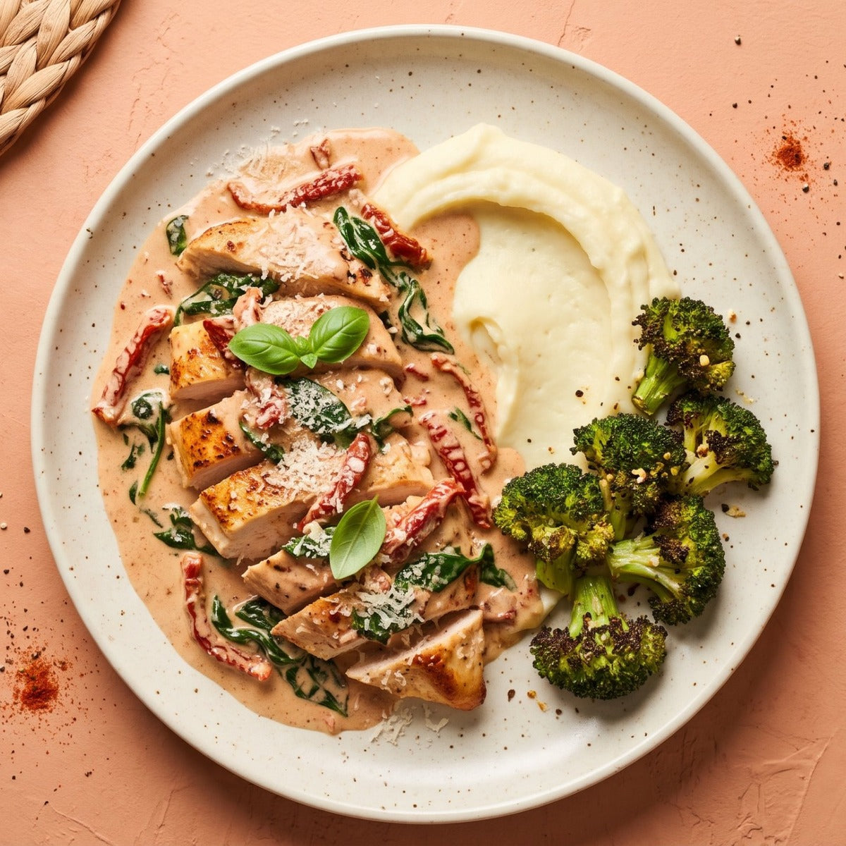 Marry Me Chicken — sliced halal chicken breast in a creamy sun-dried tomato parmesan sauce with spinach and basil, served with mashed potatoes and roasted broccoli