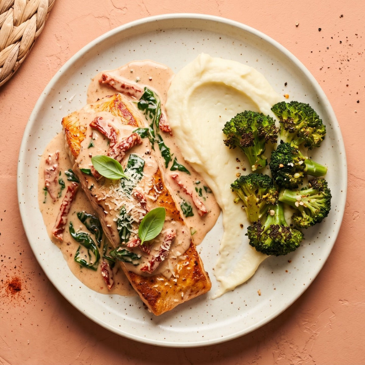 Marry Me Salmon — seared wild-caught salmon fillet under a creamy sun-dried tomato parmesan sauce with spinach and basil, with garlic mashed potatoes and roasted broccoli