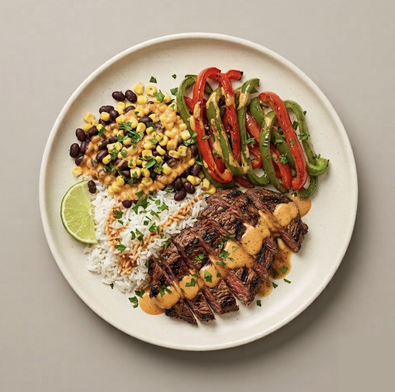 Medellín — grilled skirt steak with jasmine rice, black beans and corn, charred peppers, and Boom Boom sauce