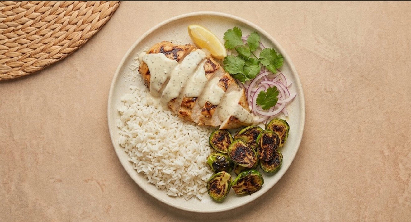 Milano - grilled chicken breast over jasmine rice with charred Brussels sprouts and garlic parmesan sauce