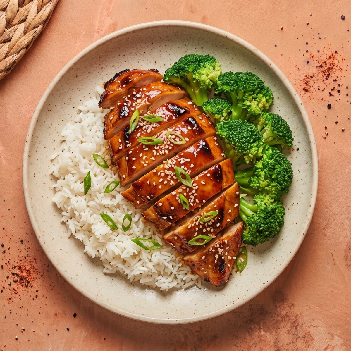 Miso Chicken — glazed halal chicken breast with sesame seeds and scallion over jasmine rice with steamed broccoli