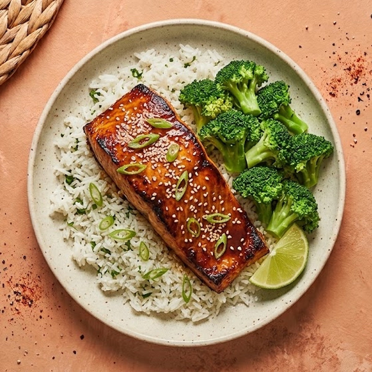 Miso Glazed Salmon — caramelized miso-glazed wild-caught salmon with sesame and scallion over jasmine rice with steamed broccoli