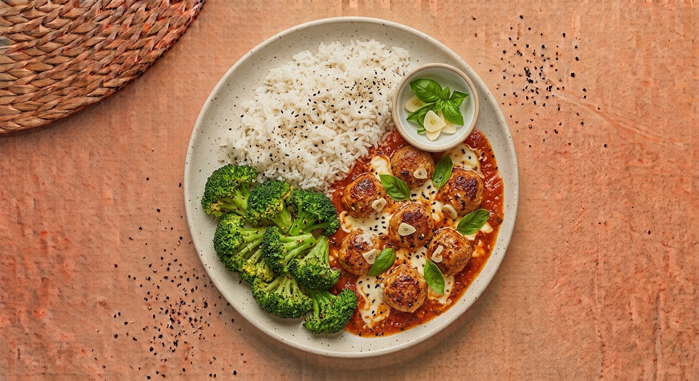 Napoli — turkey meatballs in marinara with melted cheese and fresh basil, served with steamed broccoli and jasmine rice