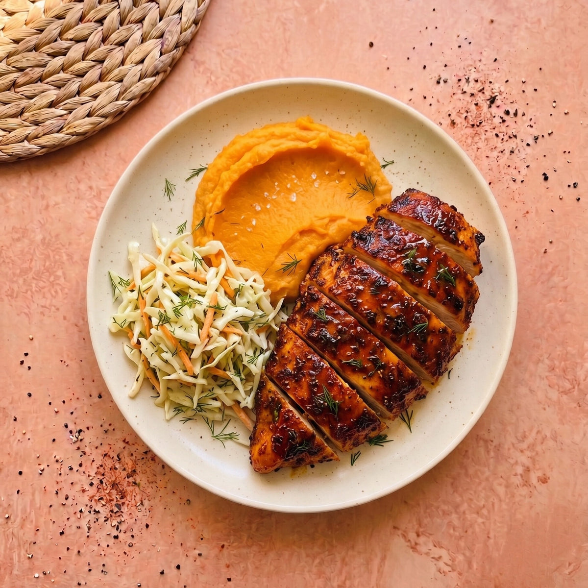 Nashville Hot Chicken — sliced hot honey glazed chicken breast with mashed sweet potatoes and crunchy cabbage slaw