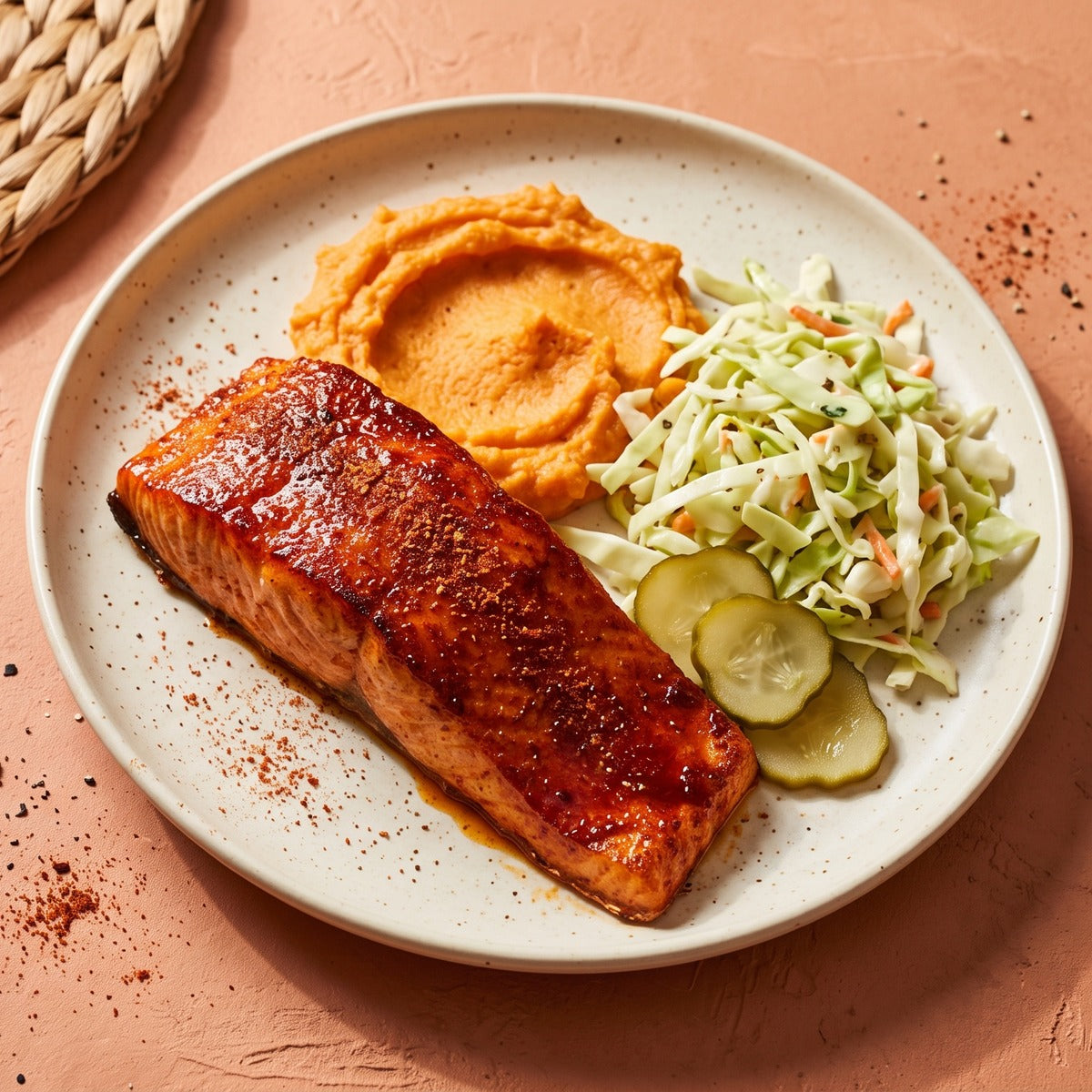 Nashville Hot Salmon — cayenne hot honey glazed wild-caught salmon with whipped sweet potato, cabbage slaw and dill pickles