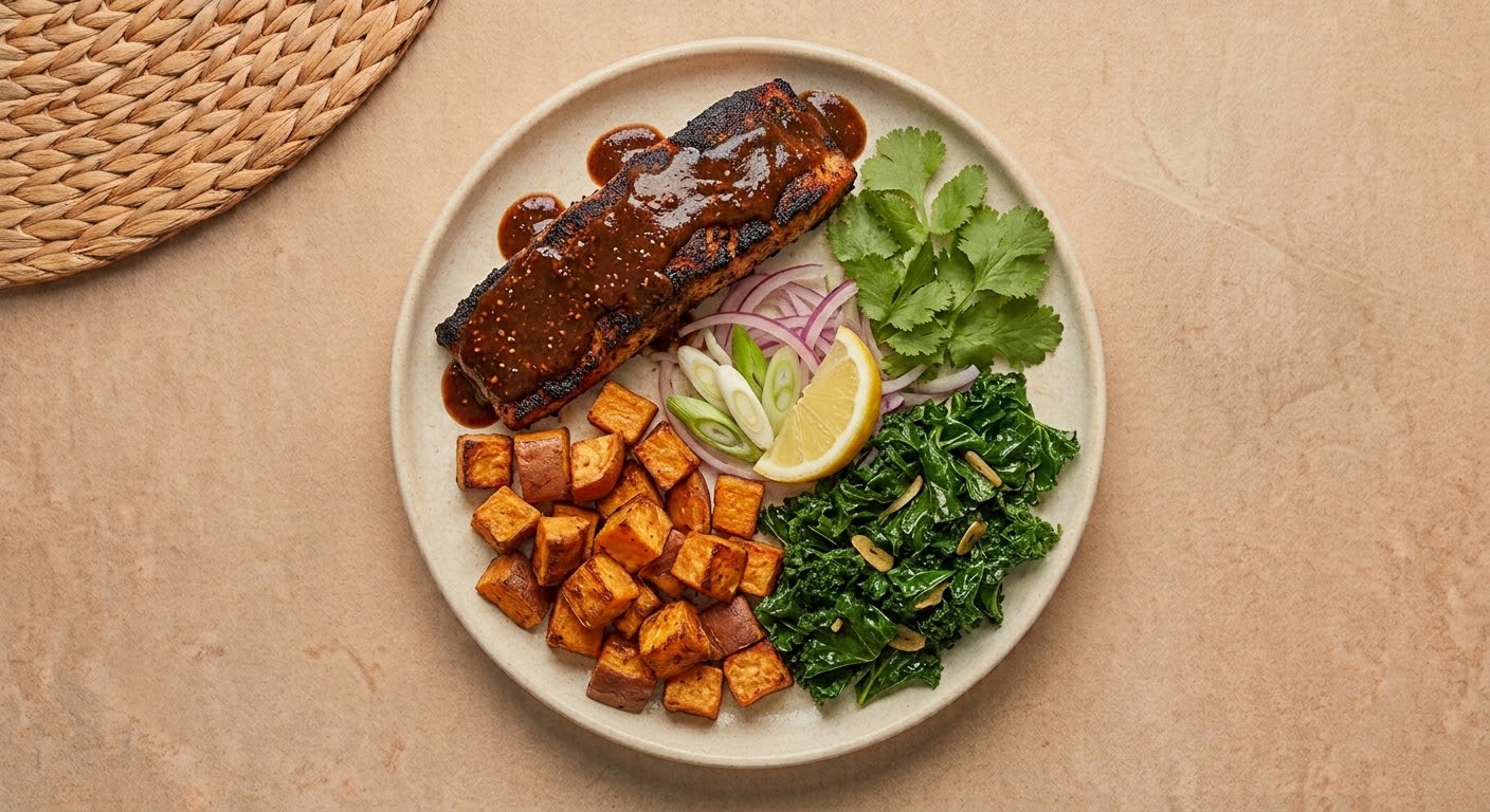 Negril - jerk-glazed wild-caught salmon with roasted sweet potatoes and garlic kale