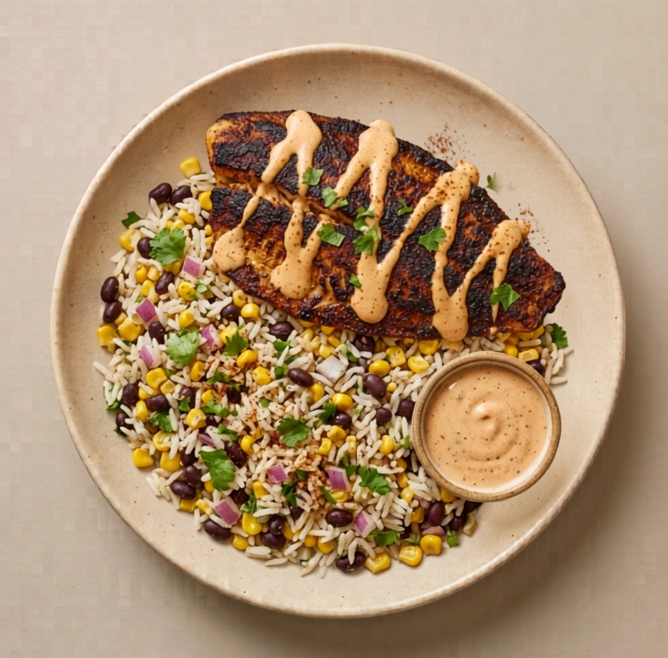 Nola — blackened Cajun flounder over party rice with corn, black beans, red onion, and cilantro, drizzled with boom boom sauce on a cream plate