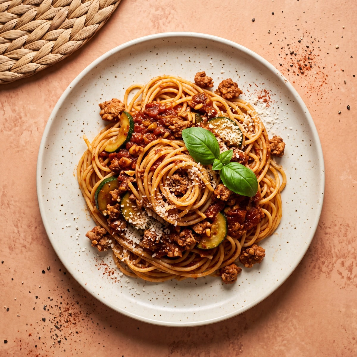 Nonna Mode — ground turkey spaghetti in garlicky marinara with zucchini, parmesan and fresh basil
