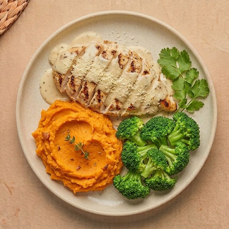 Parma — grilled halal chicken breast in garlic parmesan sauce with mashed sweet potatoes and steamed broccoli