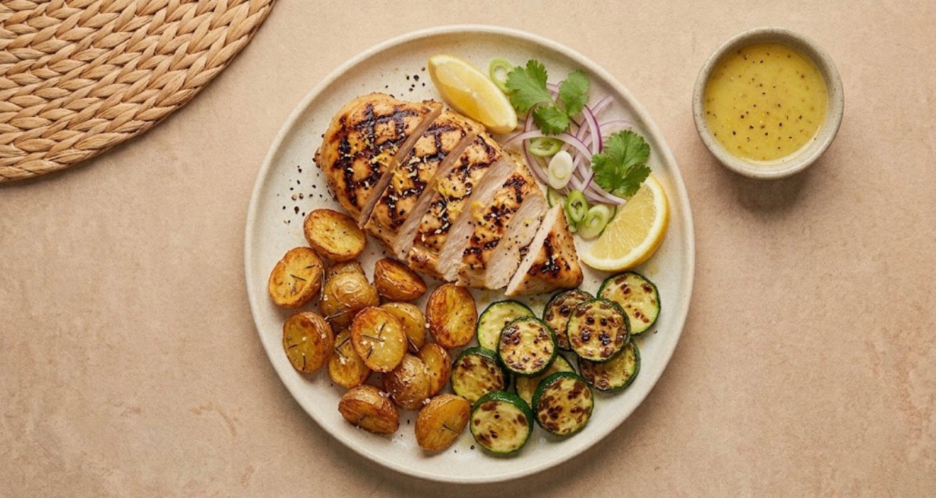 Peachtree - grilled chicken breast with crispy baby potatoes, blistered zucchini and lemon pepper butter sauce