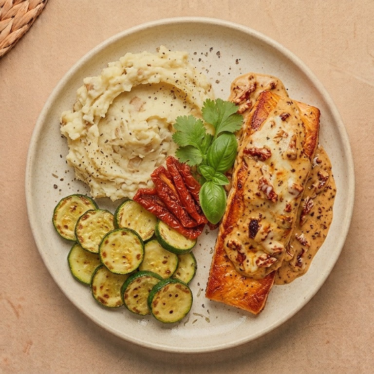 Portofino — seared wild-caught salmon in creamy Tuscan sun-dried tomato sauce with mashed potatoes and sautéed zucchini