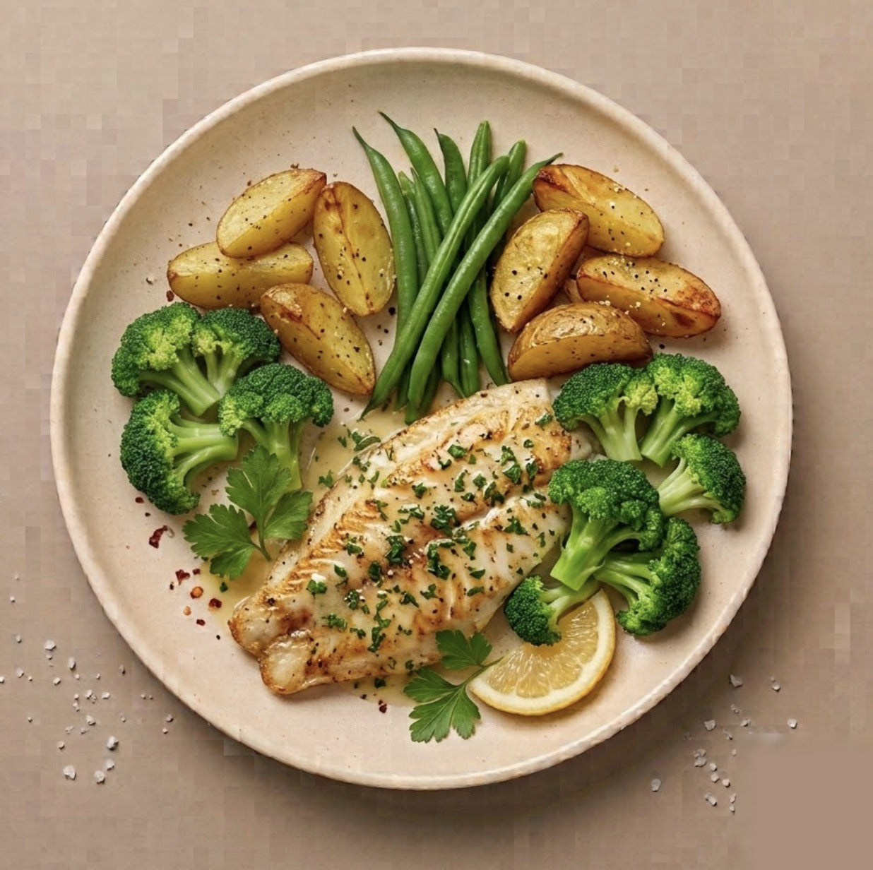 Provence — pan-seared flounder with lemon and parsley, roasted golden potatoes, and green beans