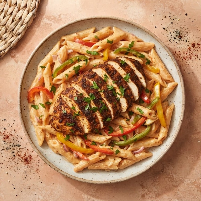 Rasta Pasta — sliced jerk chicken over penne in a creamy sauce with red, yellow and green bell peppers