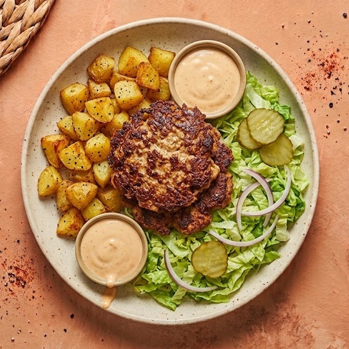 Smash Burger Bowl with turkey — crispy smash patties, roasted baby potatoes, shredded lettuce, pickles, red onion and special sauce