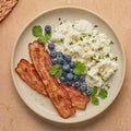 South Beach — fluffy egg white scramble with crisp turkey bacon and fresh blueberries