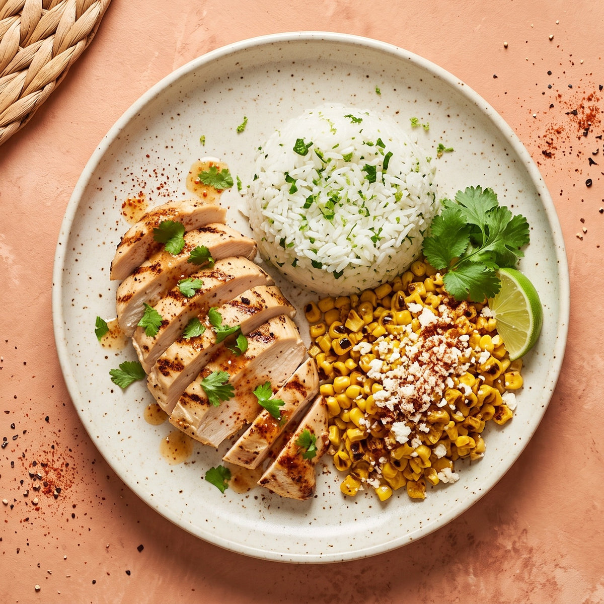 Street Corn Chicken Bowl — sliced grilled chicken with cilantro-lime rice and charred elote corn with cotija and chili-lime