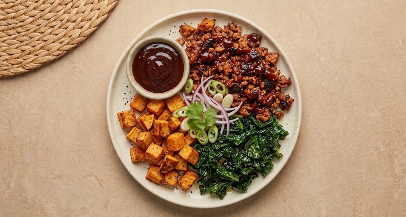 Sweet Auburn - BBQ ground turkey with roasted sweet potatoes and sauteed kale