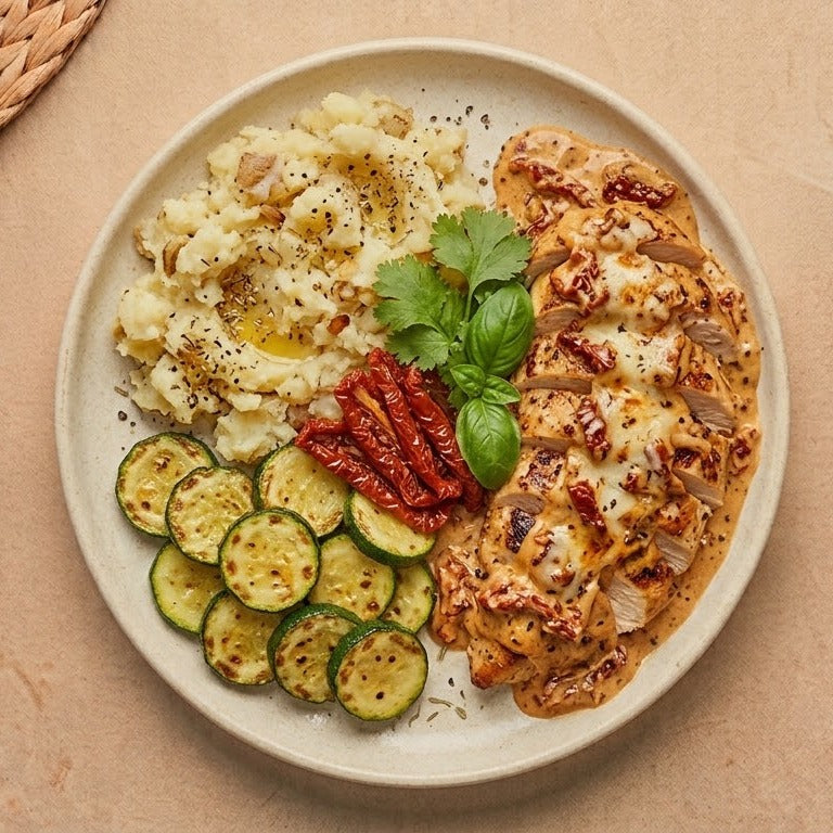 Toscana — halal chicken breast in creamy Tuscan sun-dried tomato sauce with mashed potatoes and sautéed zucchini