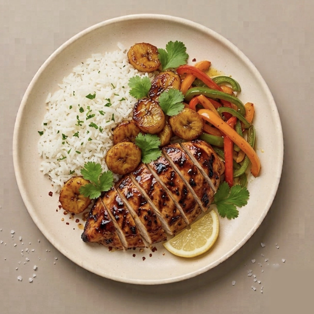 Waikiki — teriyaki-glazed grilled chicken breast with jasmine rice, sautéed bell peppers, and caramelized plantains
