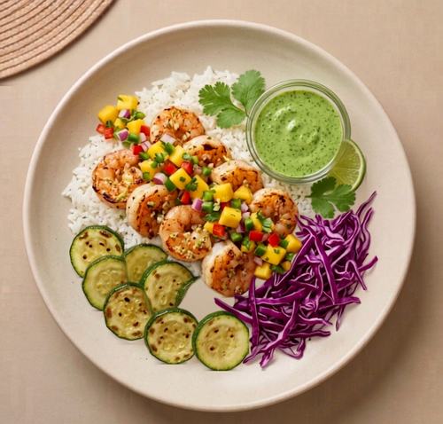 Baja Blaze Shrimp Bowl - garlic-lime chipotle shrimp over rice with zucchini, purple cabbage, and mango pico